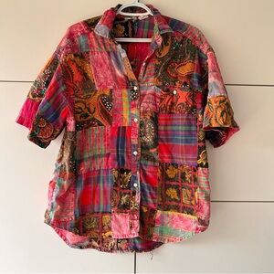 Vintage multi-color patchwork short-sleeve button-down shirt